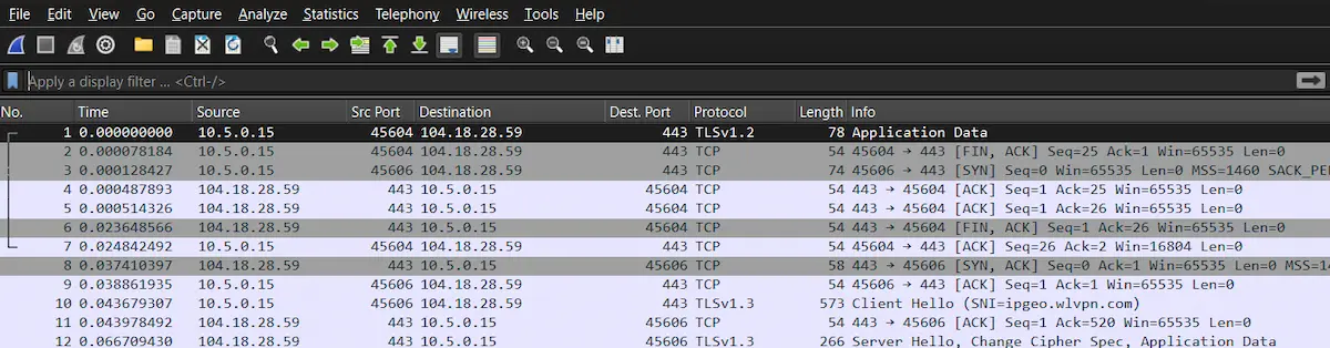 Wireshark screenshot of three-way handshake establishing a TCP connection