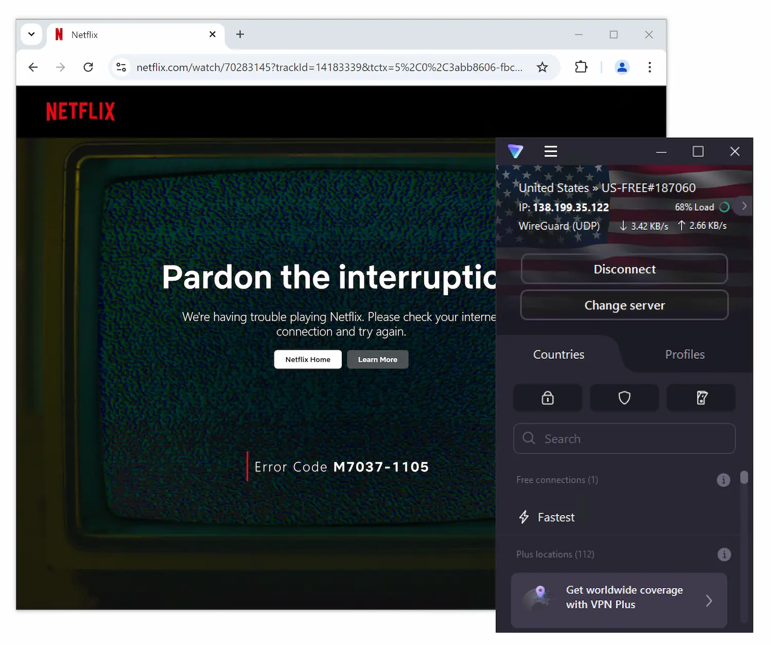 Proton VPN Gratis siendo bloqueada por Netflix.