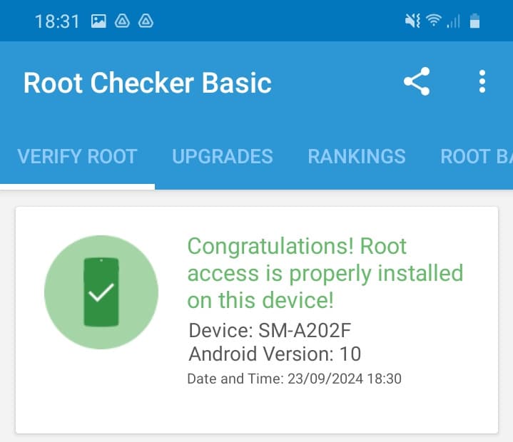 The confirmation screen in the Root Checker Android app indicated a device is rooted