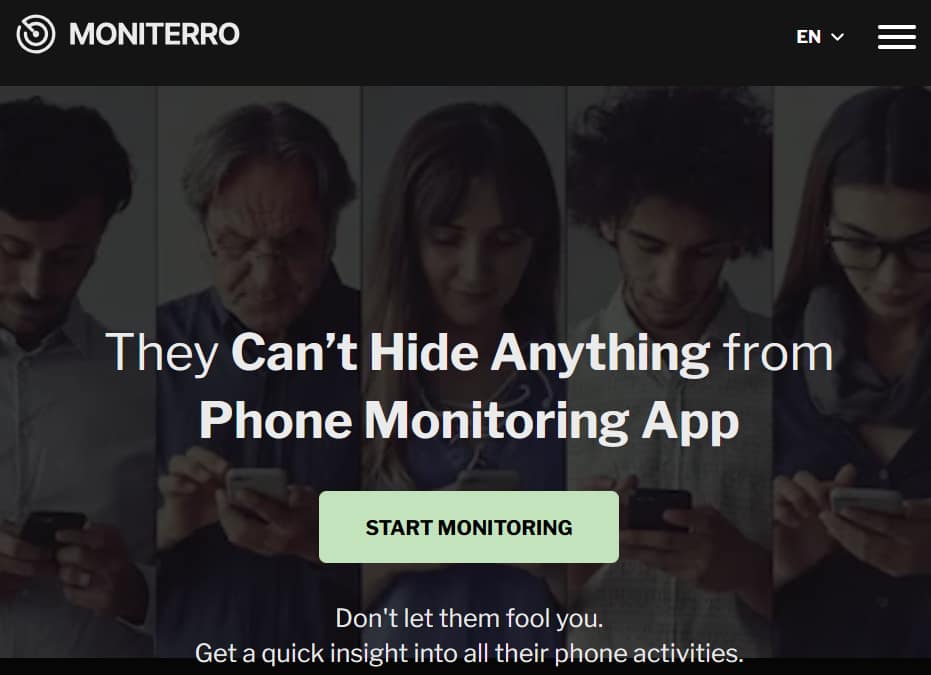 Screenshot of Moniterro spyware app home page