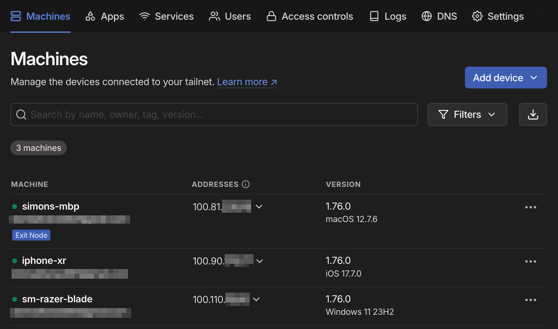 Screenshot of browser-based the TailScale admin console after we connected several of our devices