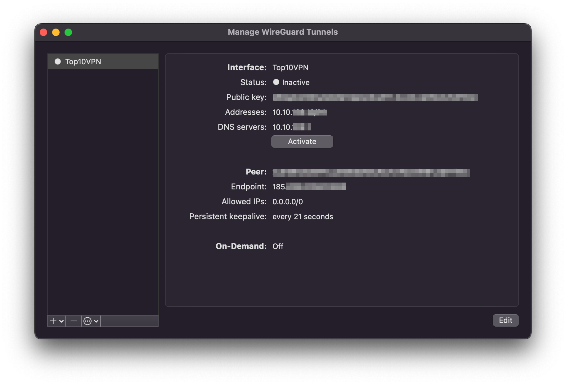 WireGuard tunnel management interface on macOS