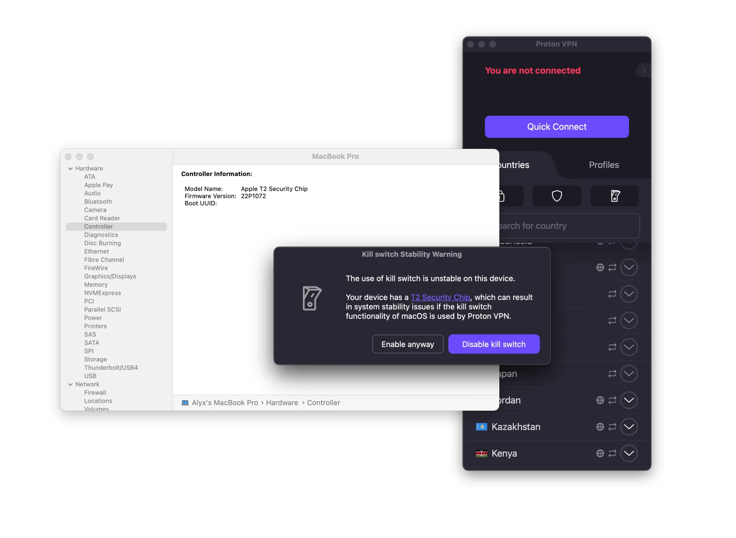 O Proton VPN avisa os usuários no macOS que o Kill Switch pode causar falhas de software em dispositivos com o chip T2.