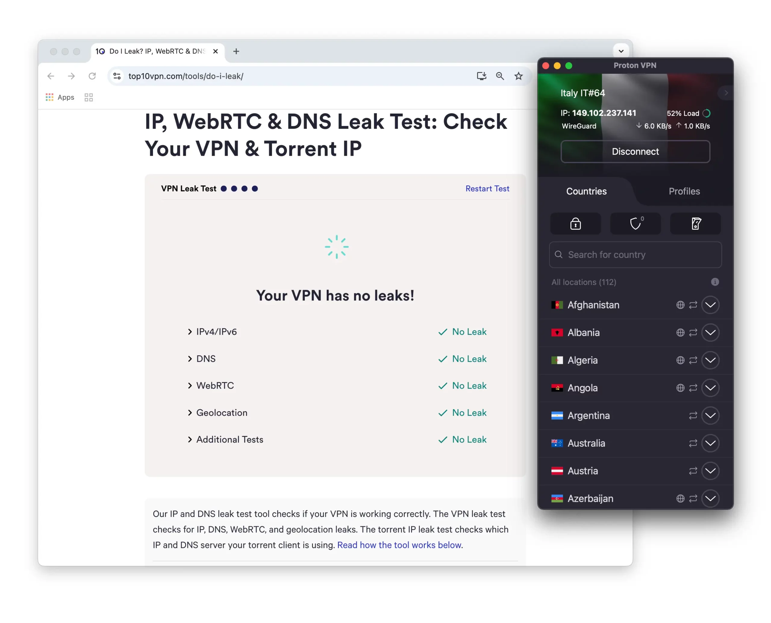 We ontdekten geen IP-, DNS-, WebRTC- of Geolocatie-lekken met Proton VPN