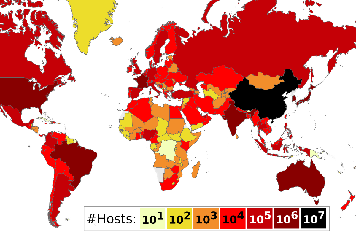 Map showing distribution of vulnerable tunneling hosts globally