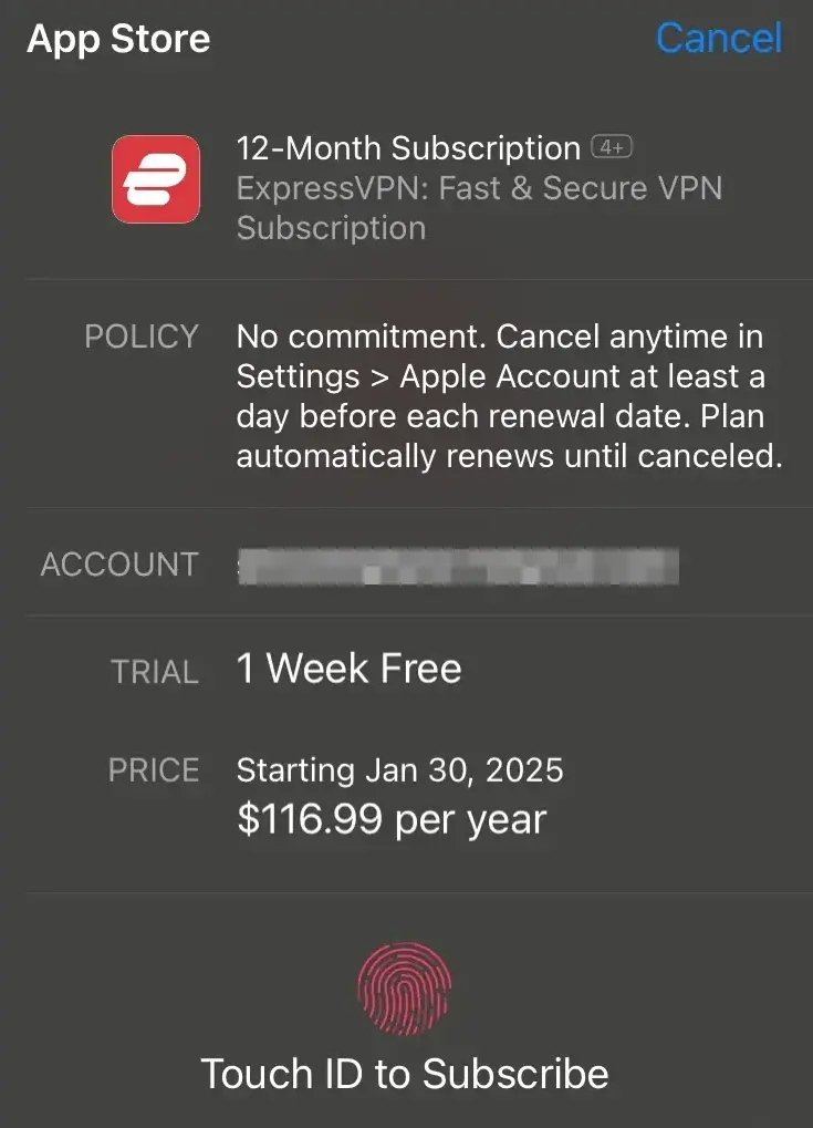 ExpressVPN iOS bekräftelsedialog för gratis provperiod