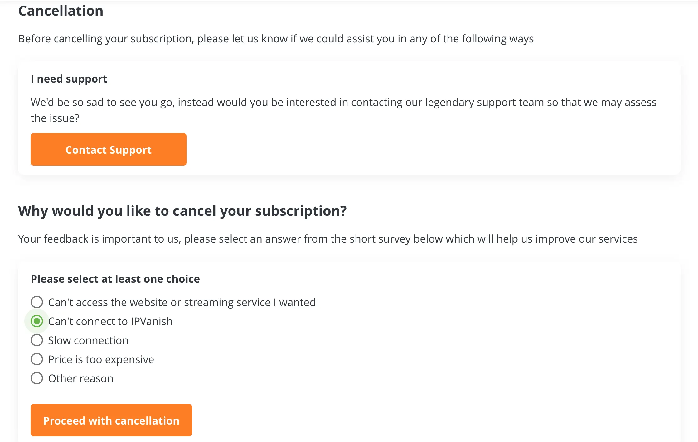 IPVanish cancellation confirmation page