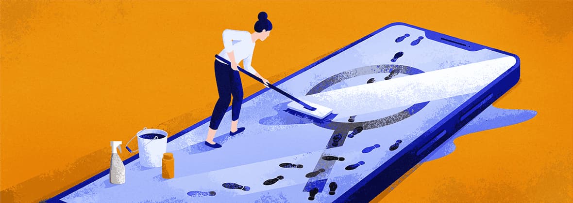 illustration of woman scrubbing spyware off her phone