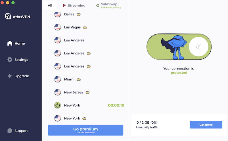 Atlas VPN 무료 버전 앱의 홈 화면 
