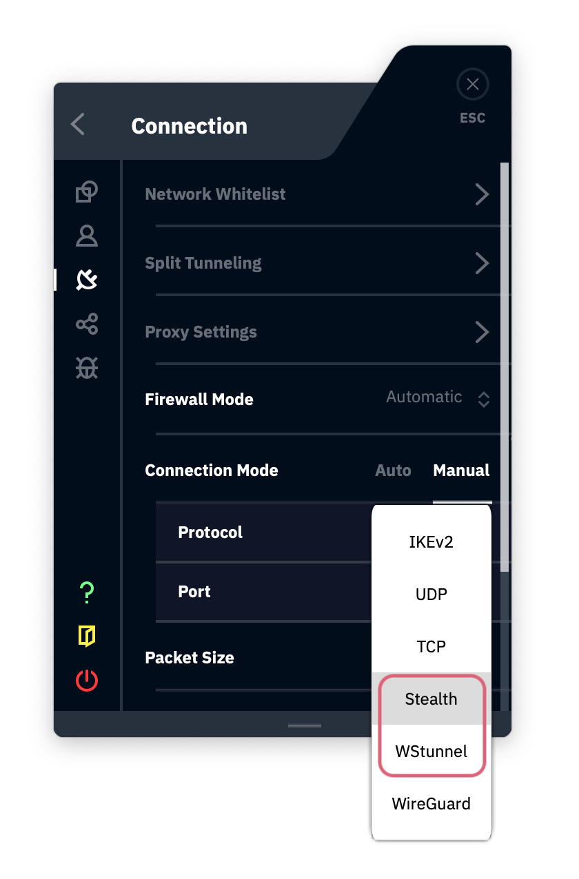 Les paramètres de connexion de Windscribe, affichant le mode de connexion en manuel, et les options de protocole, y compris Stealth et WStunnel.
