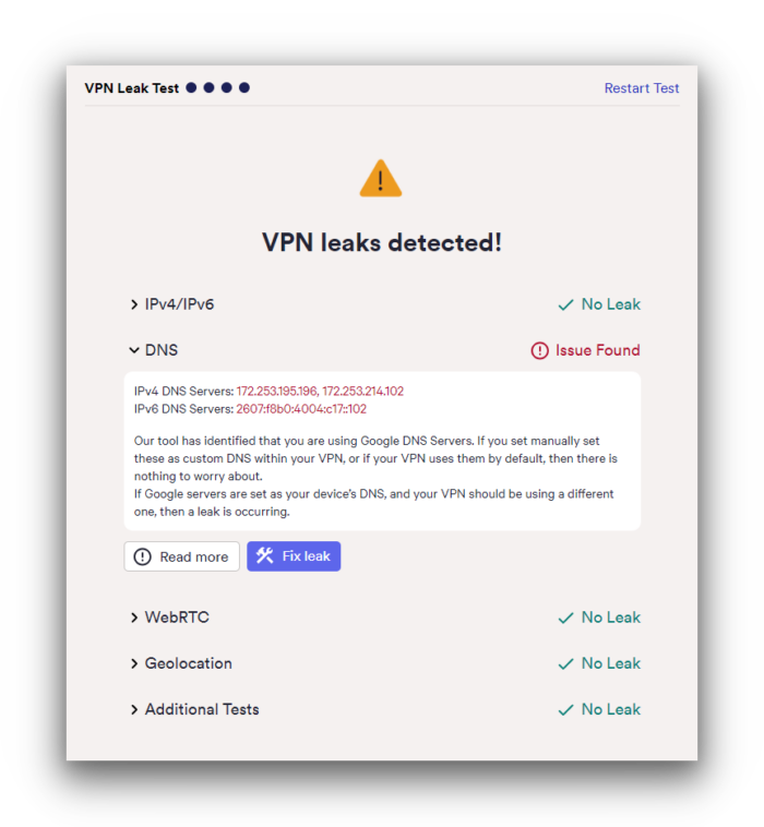 SkyVPN-Lecks, die in unserem Lecktest entdeckt wurden.