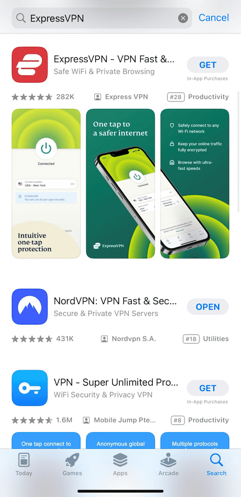 ExpressVPN's listing on the Apple App Store
