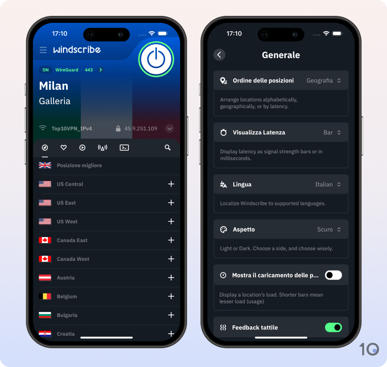 L'app di Windscribe VPN per iOS