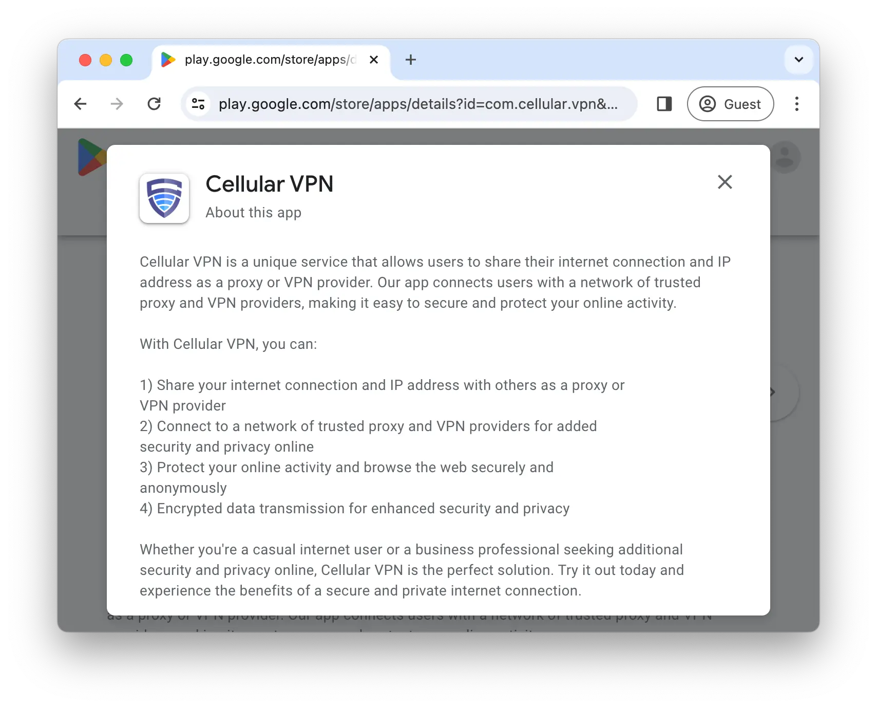 Cellular VPN's description on the Google Play Store