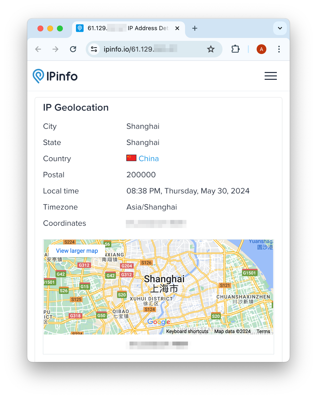 Nuestra geolocalización IP en Shanghái, China. 