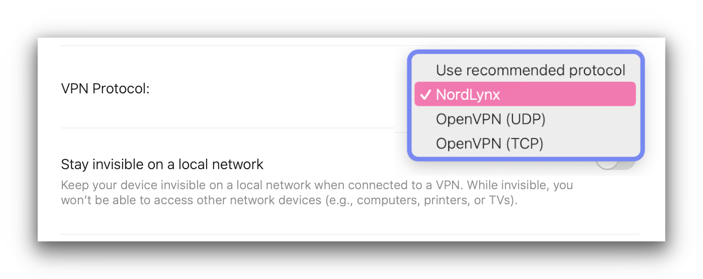 Captura de tela da lista de protocolos da NordVPN no macOS. 