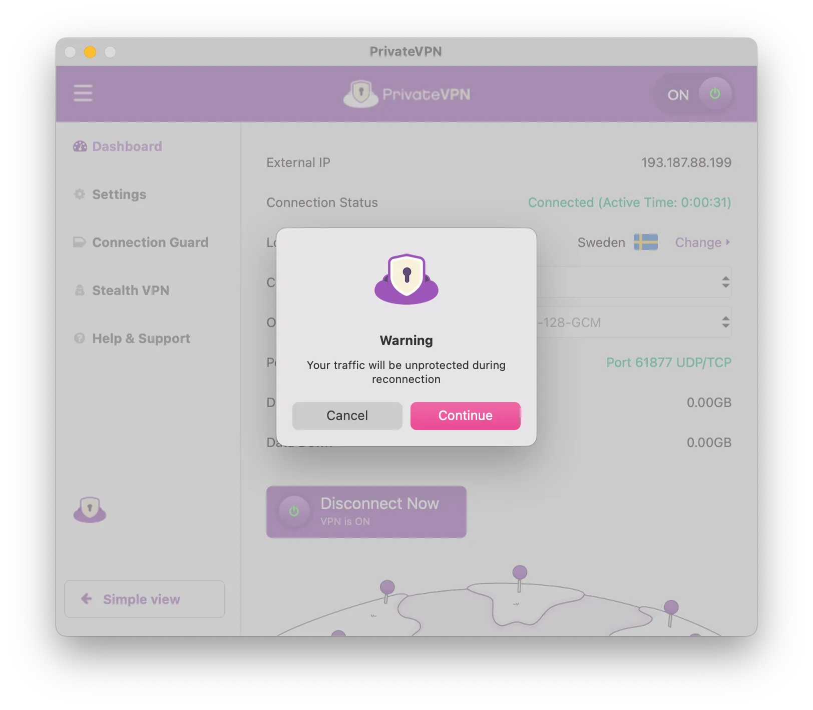 PrivateVPN app on macOS warning users about IP leaks