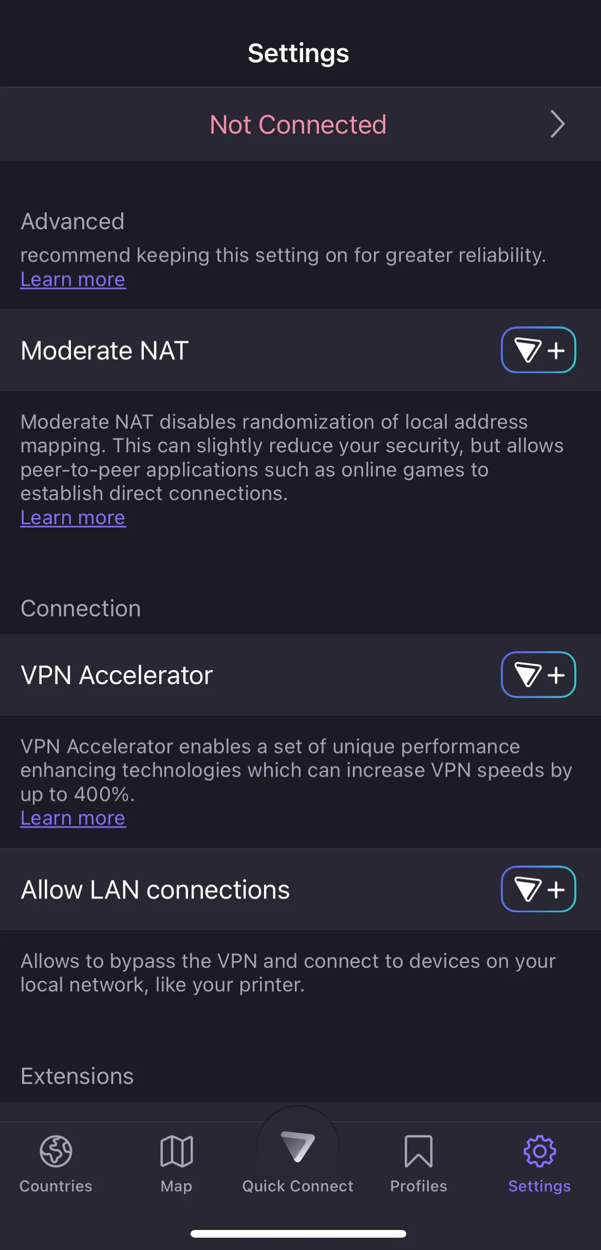 Proton VPN Free's settings on iOS