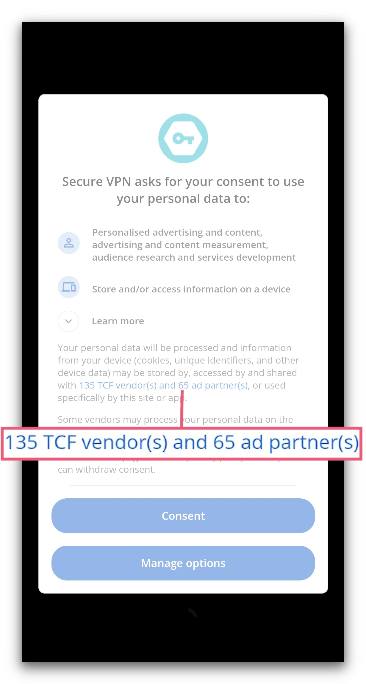 Secure VPN's data-sharing disclaimer