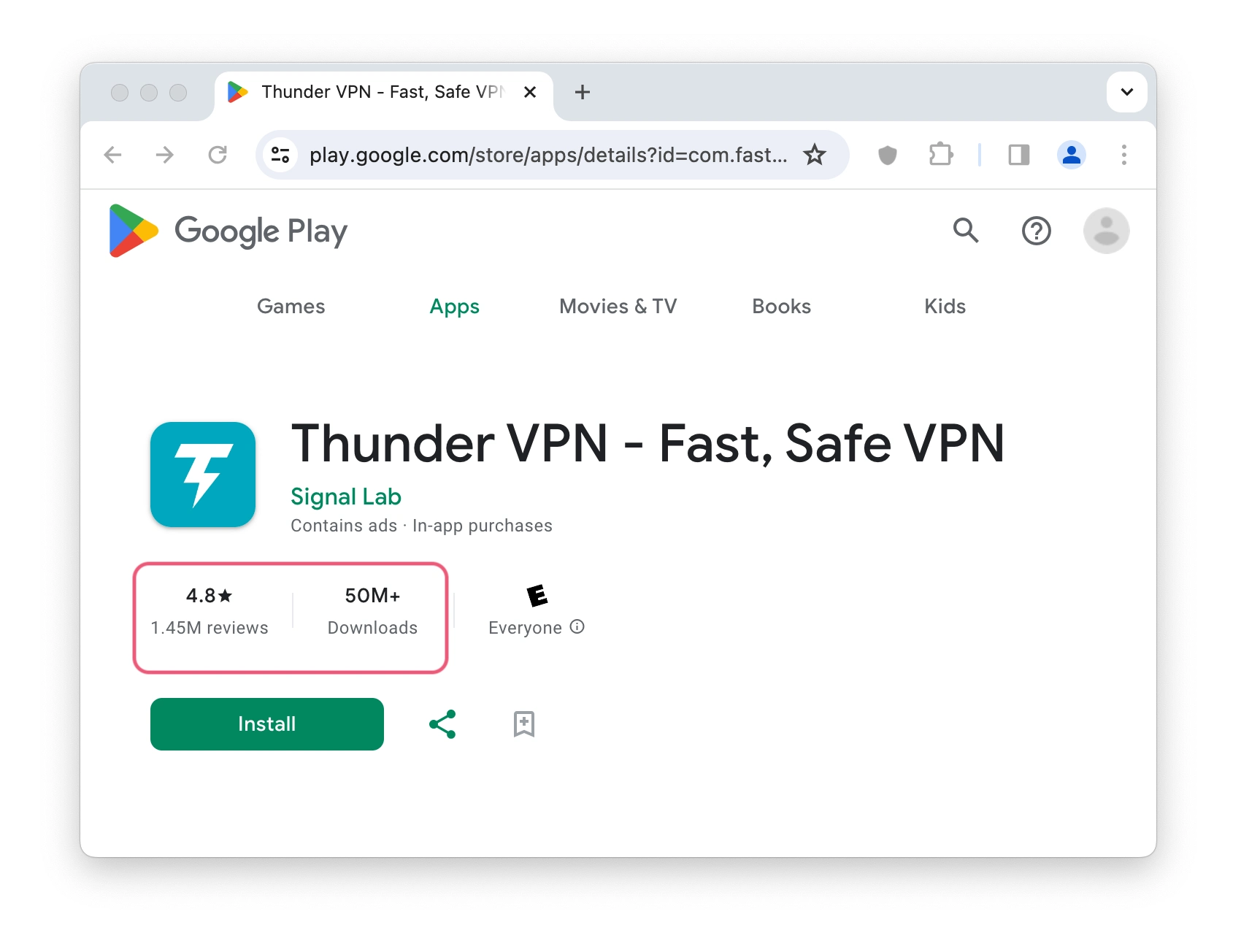 Thunder VPN's Google Play Store listing