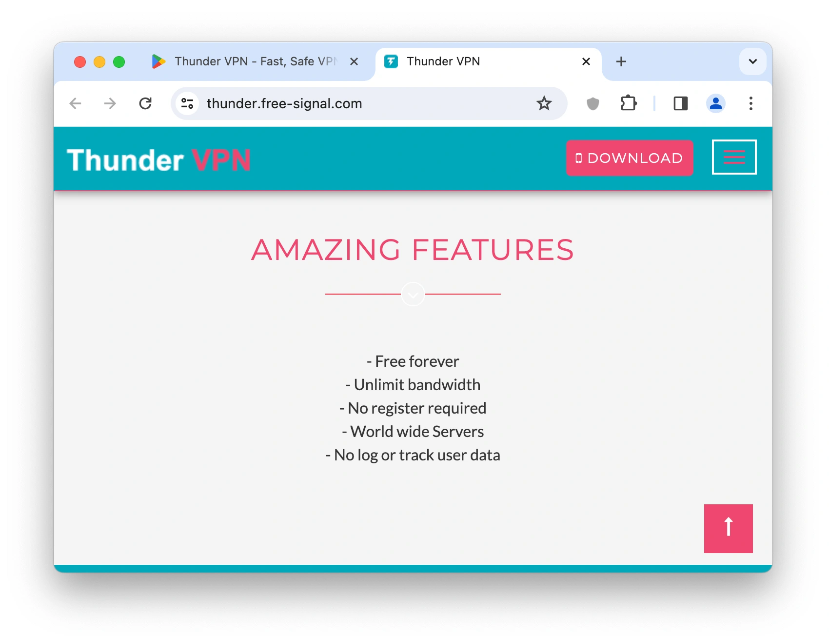 Thunder VPN's website homepage