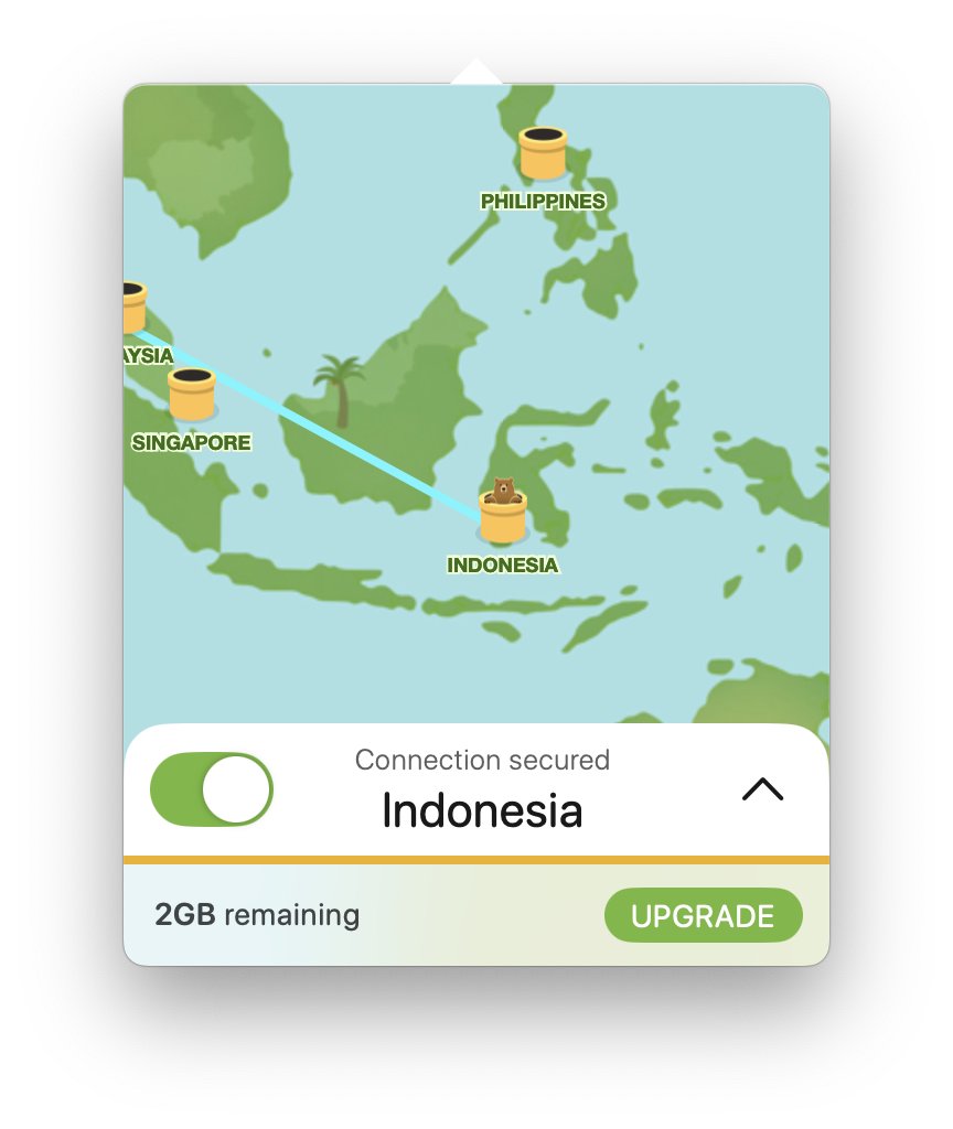 TunnelBear Free connected to Indonesia, with 2GB of data remaining
