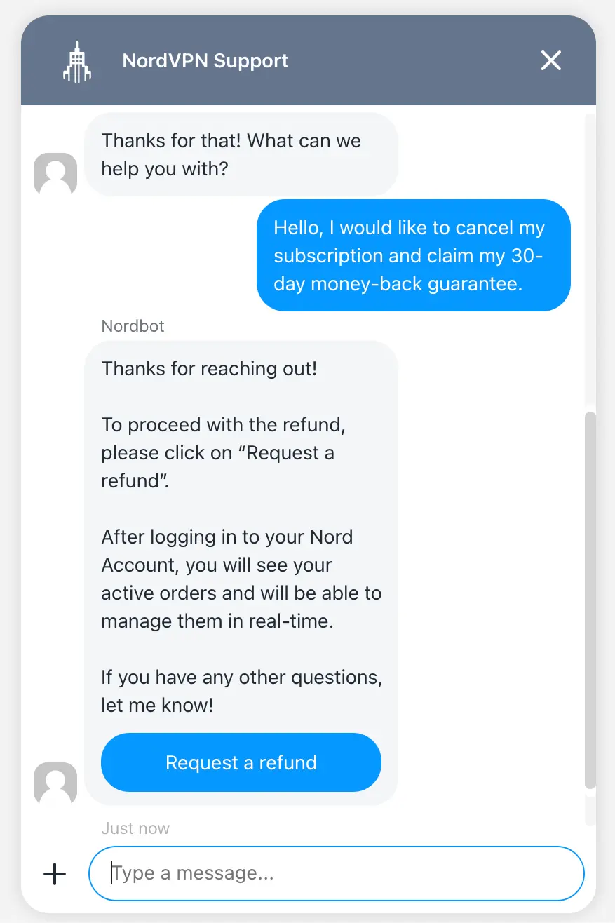 Assistenza via chat di NordVPN per la richiesta di rimborso