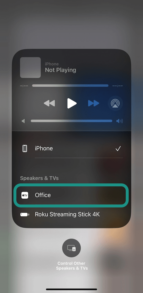 Selecting Apple TV from Control Center AirPlay options