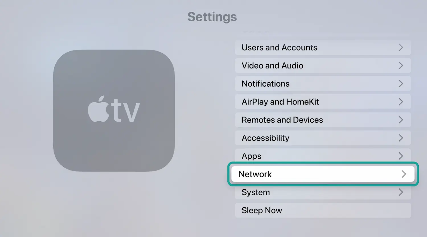 Selecting the 'Network' option in the Apple TV Settings menu