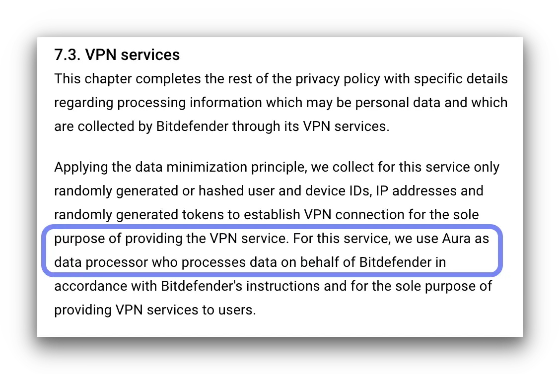 Bitdefender VPN privacy policy naming Aura as the data processor