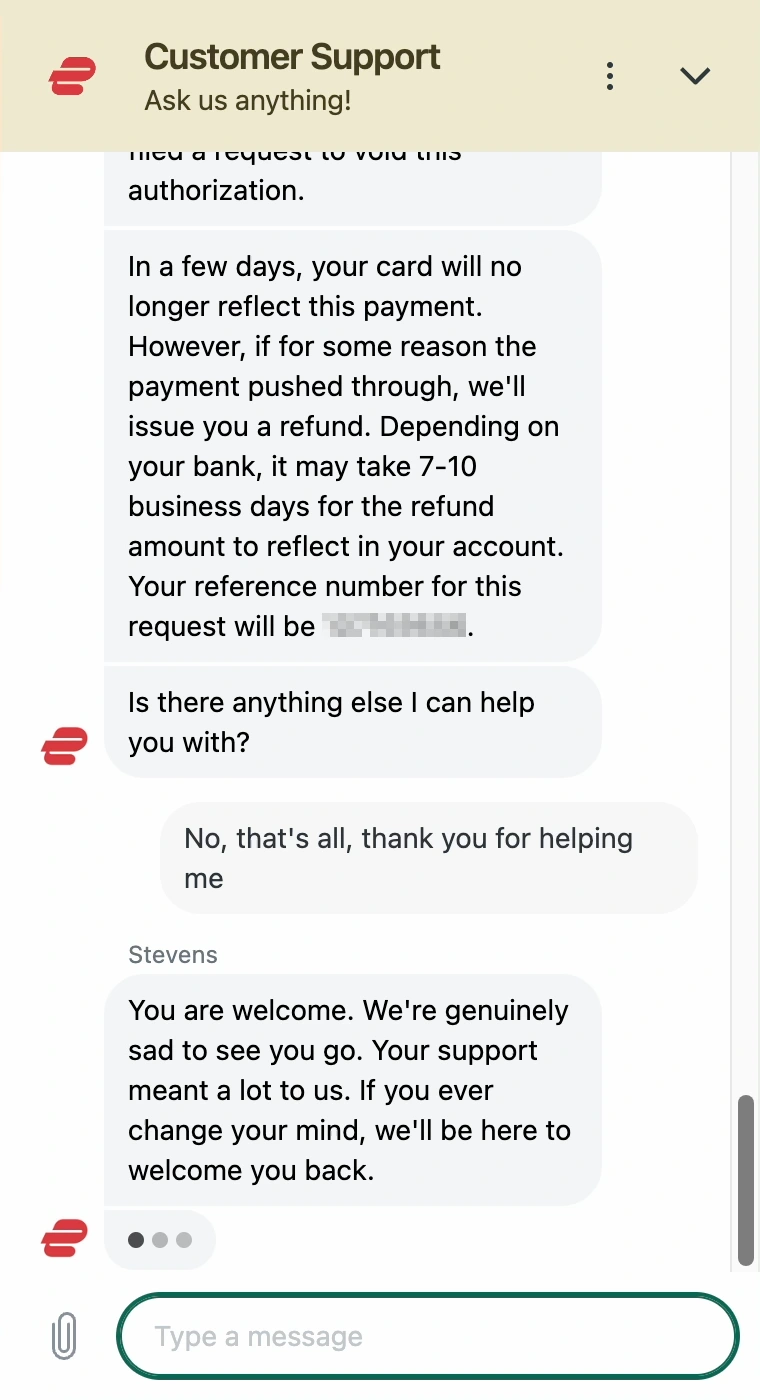 ExpressVPN's live chat support confirming our refund