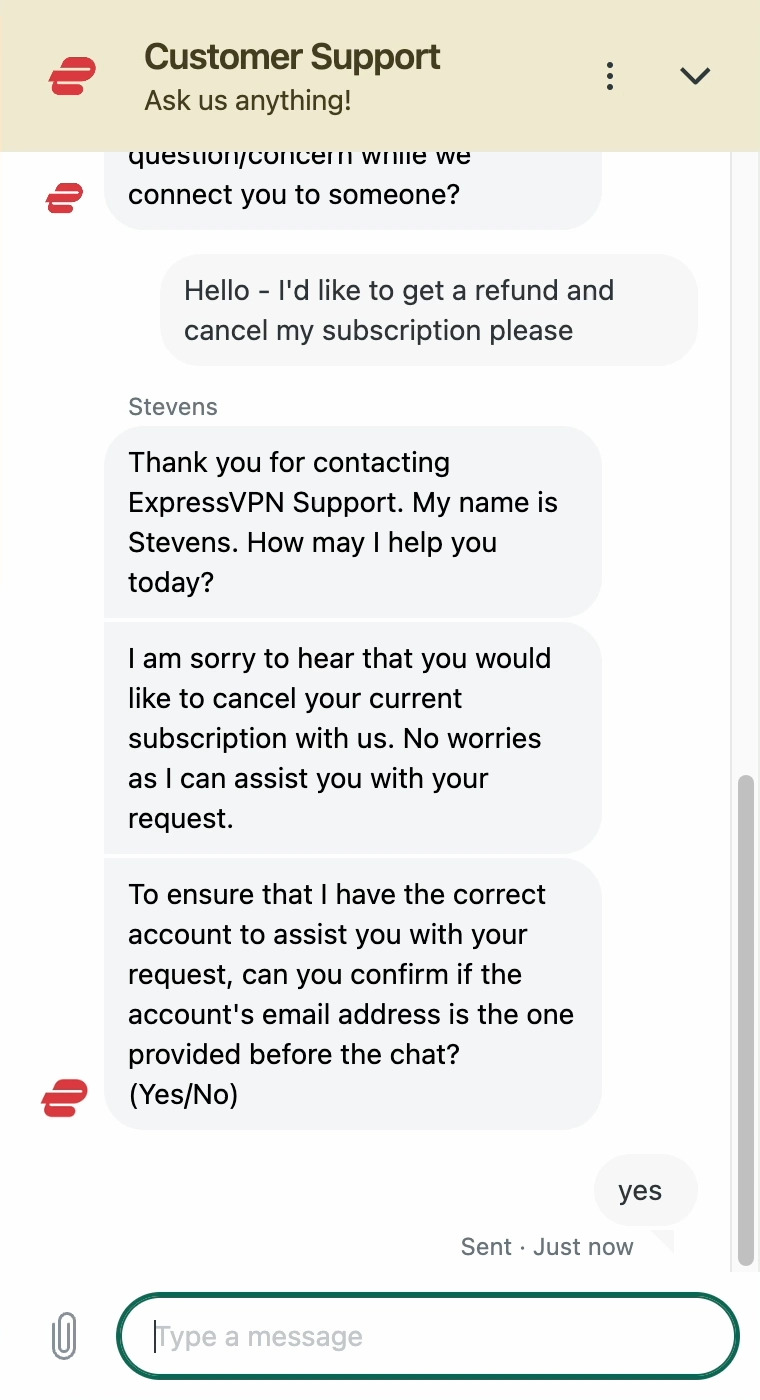 Contacting ExpressVPN's live chat support to request a refund