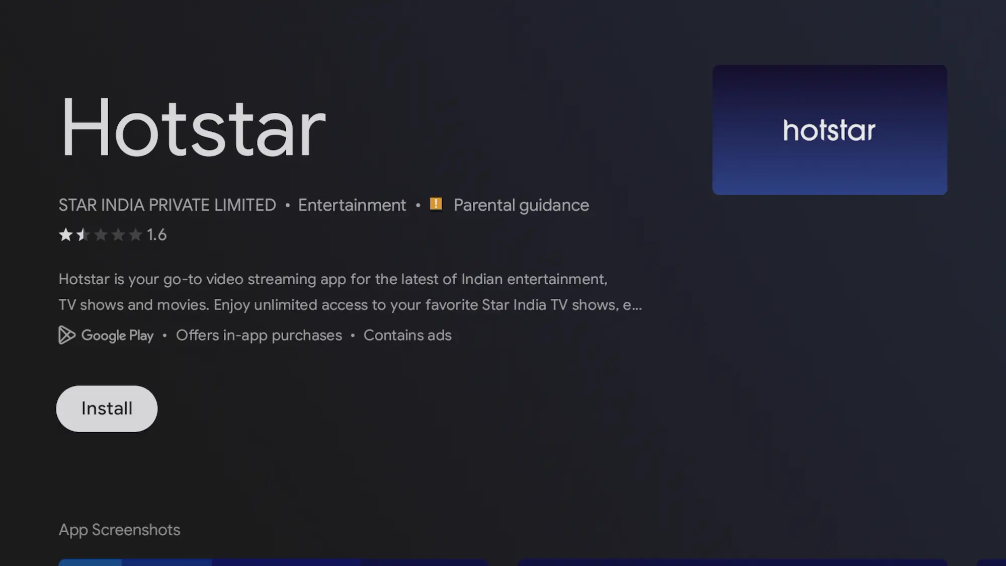 Hotstar India listing on the Google TV Play Store