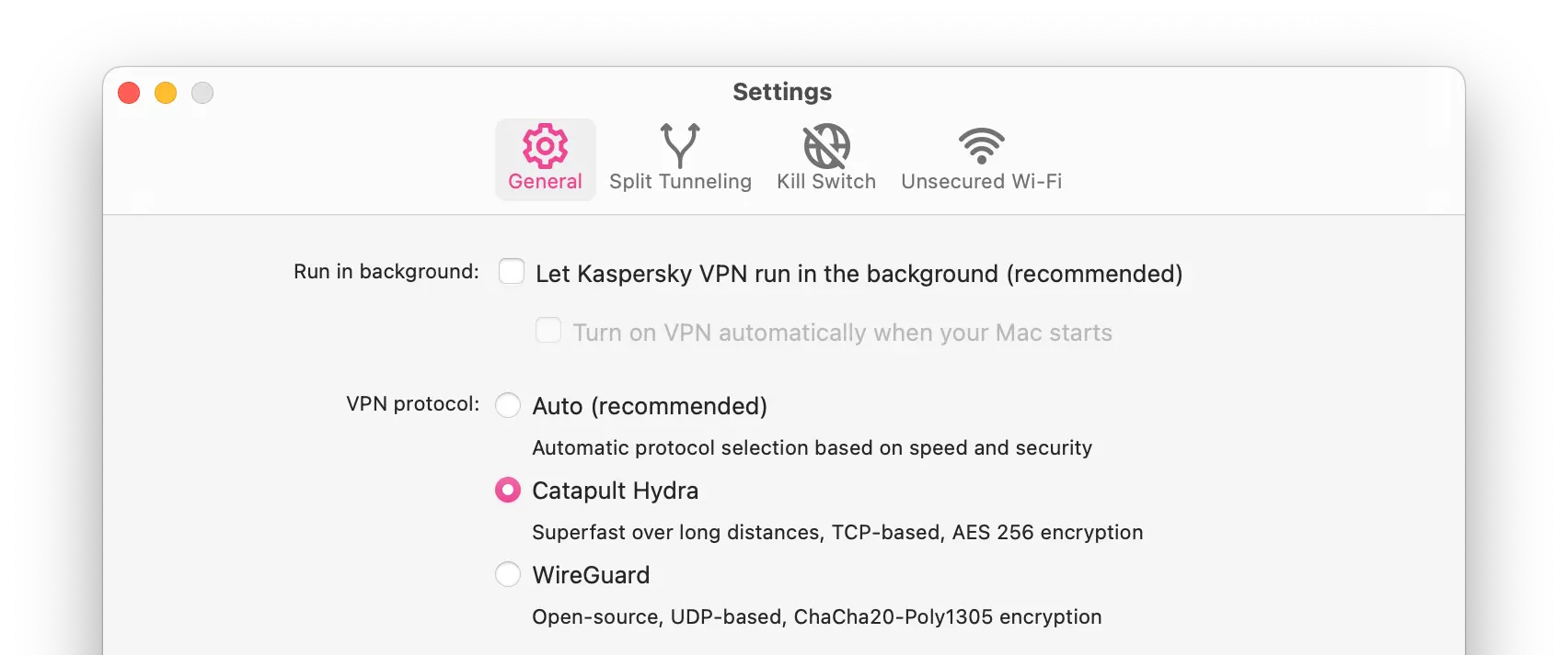 Kaspersky VPN's protocols settings