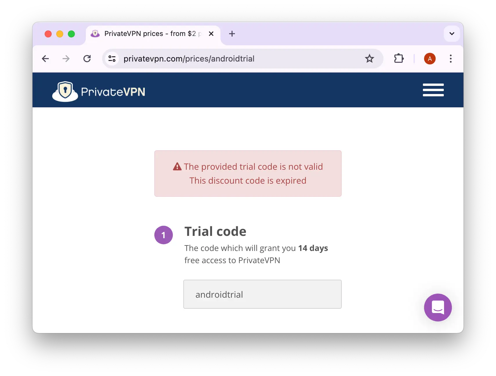 PrivateVPN "androidtrial" code is expired