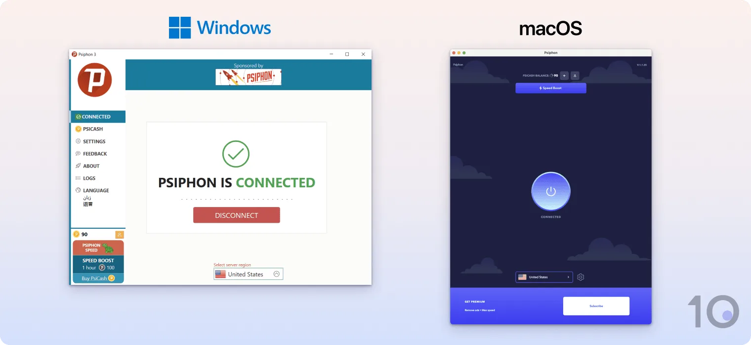 Psiphon's VPN apps for Windows and macOS