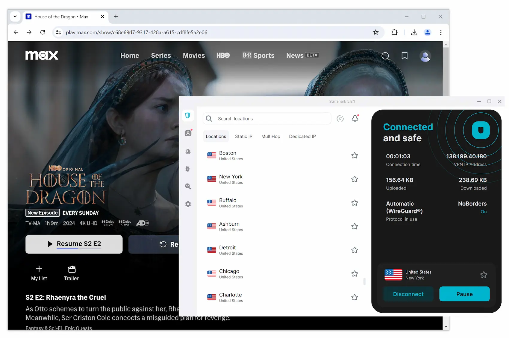 Streaming House of the Dragon while connected to a US Surfshark VPN server