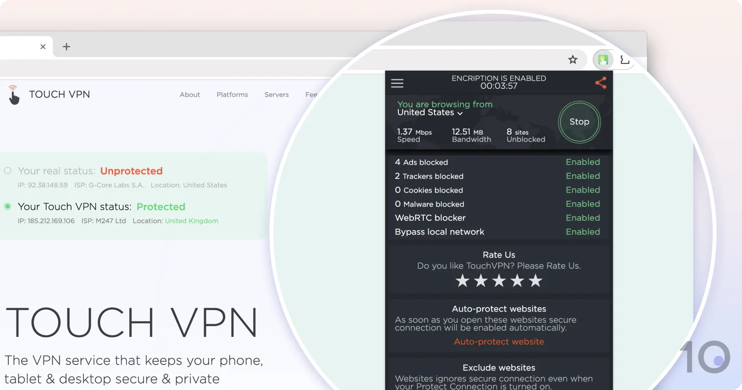 Touch VPN's browser extension for Google Chrome