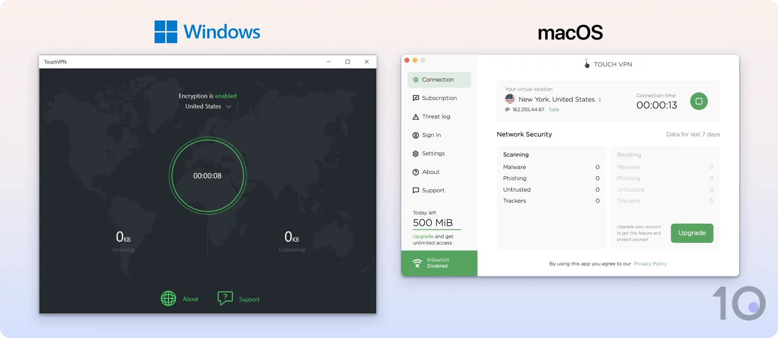 Touch VPN's apps for Windows and macOS