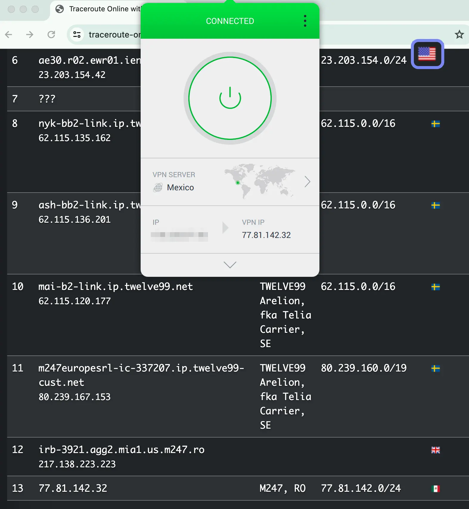 Traceroute websites shows a PIA Mexico server is based in the US
