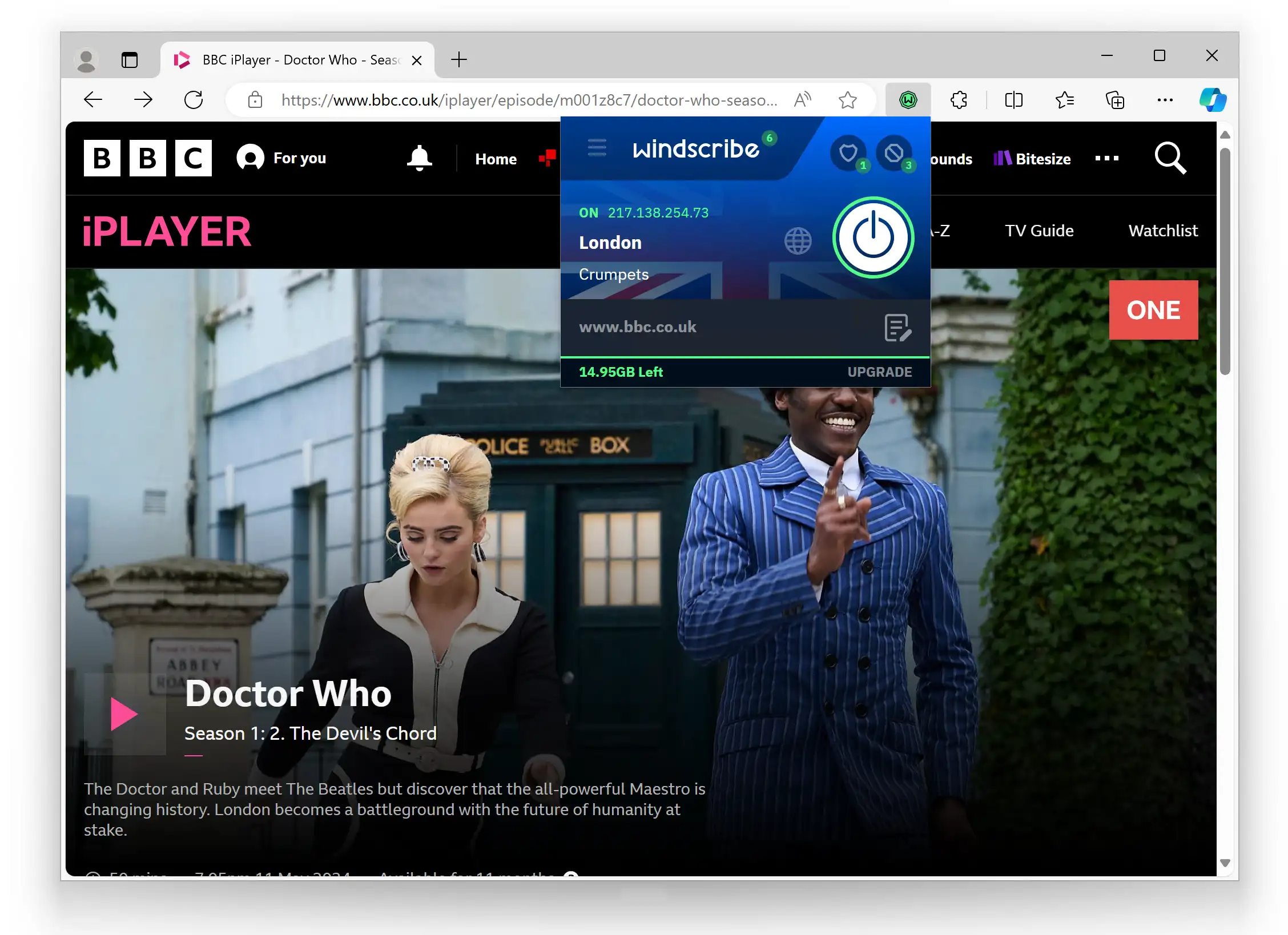 Desbloqueando BBC iPlayer con la extensión de Windscribe para Microsoft Edge. 