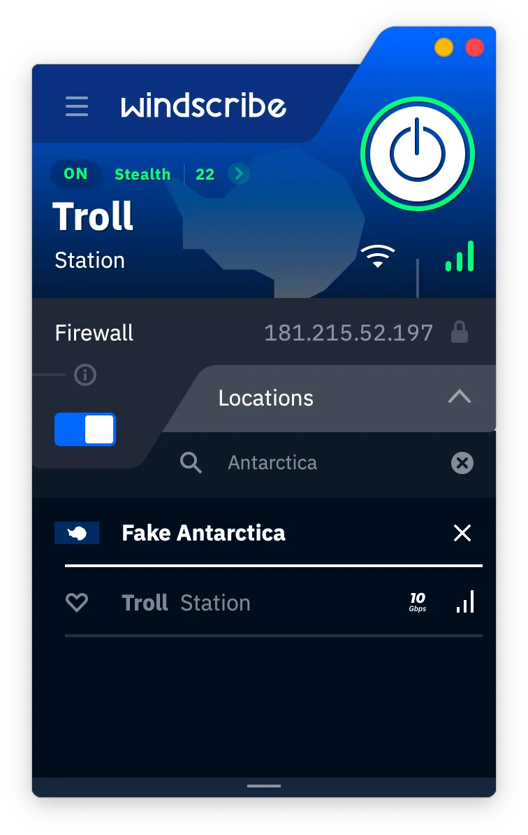 Windscribe virtual server location in Antarctica