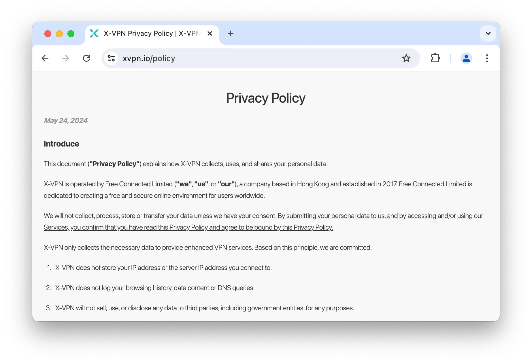 An extract from the beginning of X-VPN's privacy policy