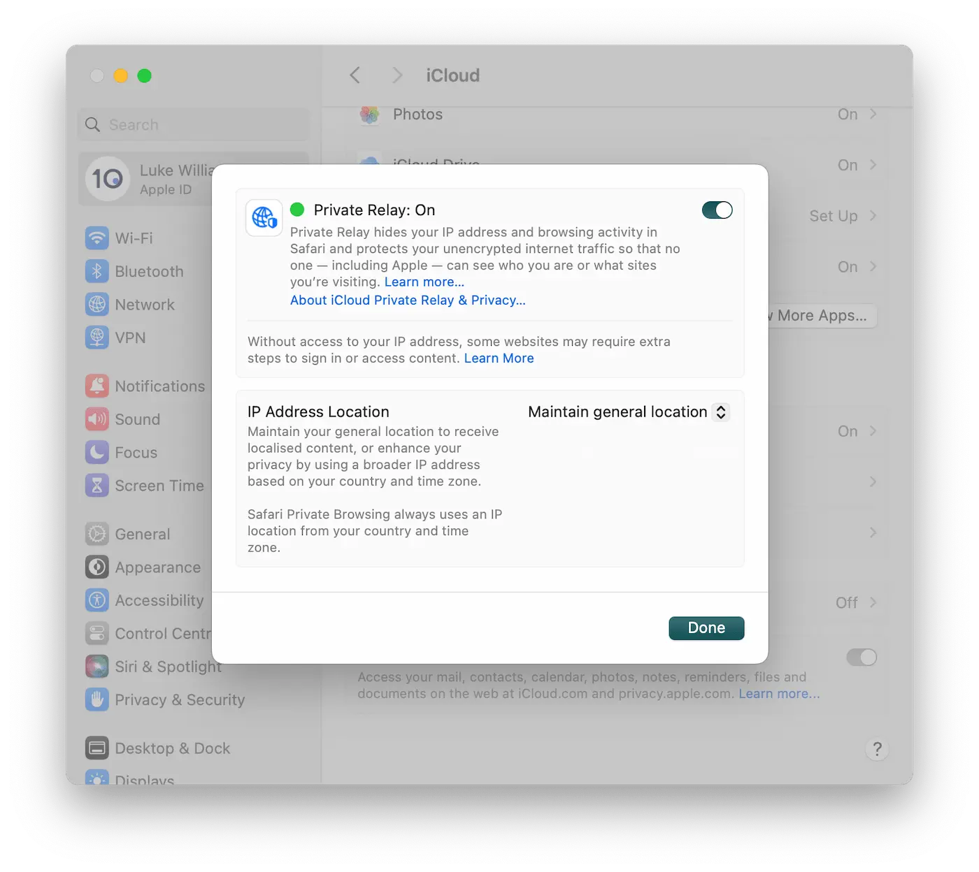 iCloud Private Relay settings screen on macOS