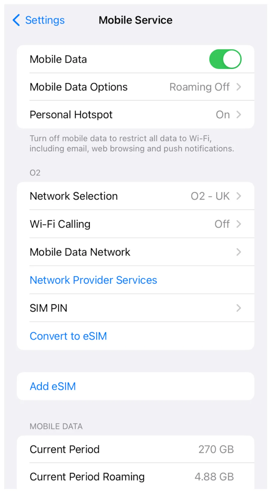 Mobile service setting on iPhone