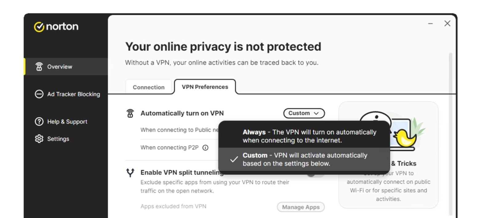 Norton Secure VPN app preferences