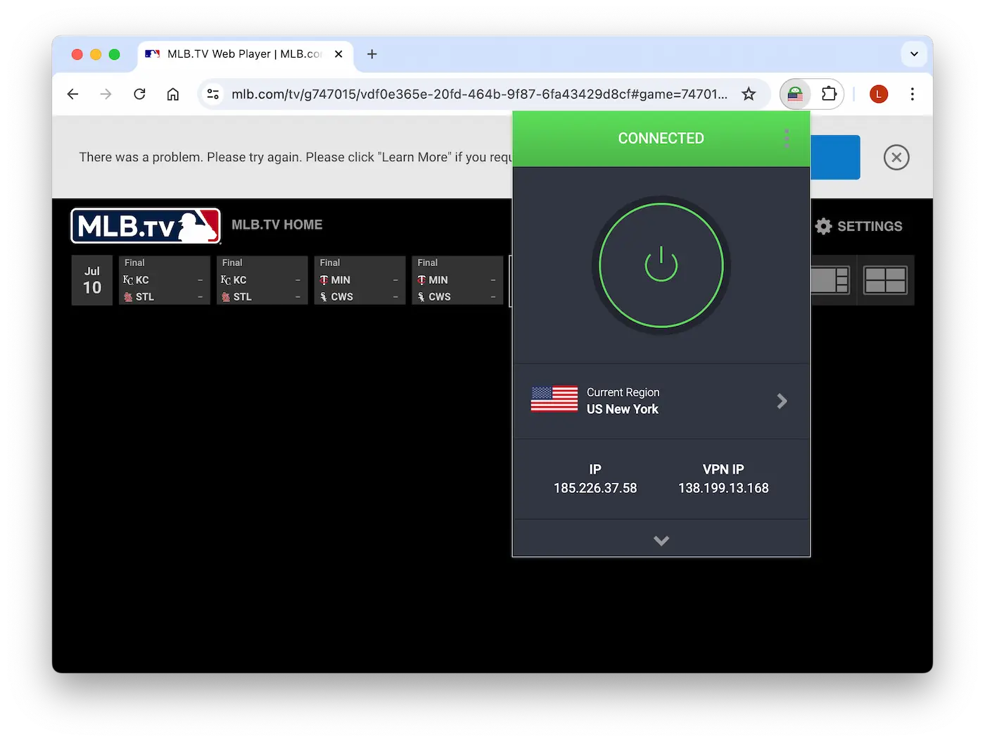 Error message being shown when trying to access MLB.TV while connected to a PIA VPN server.