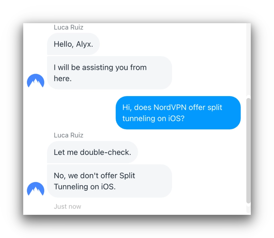 NordVPN customer support agent saying NordVPN doesn't offer split tunneling on iOS