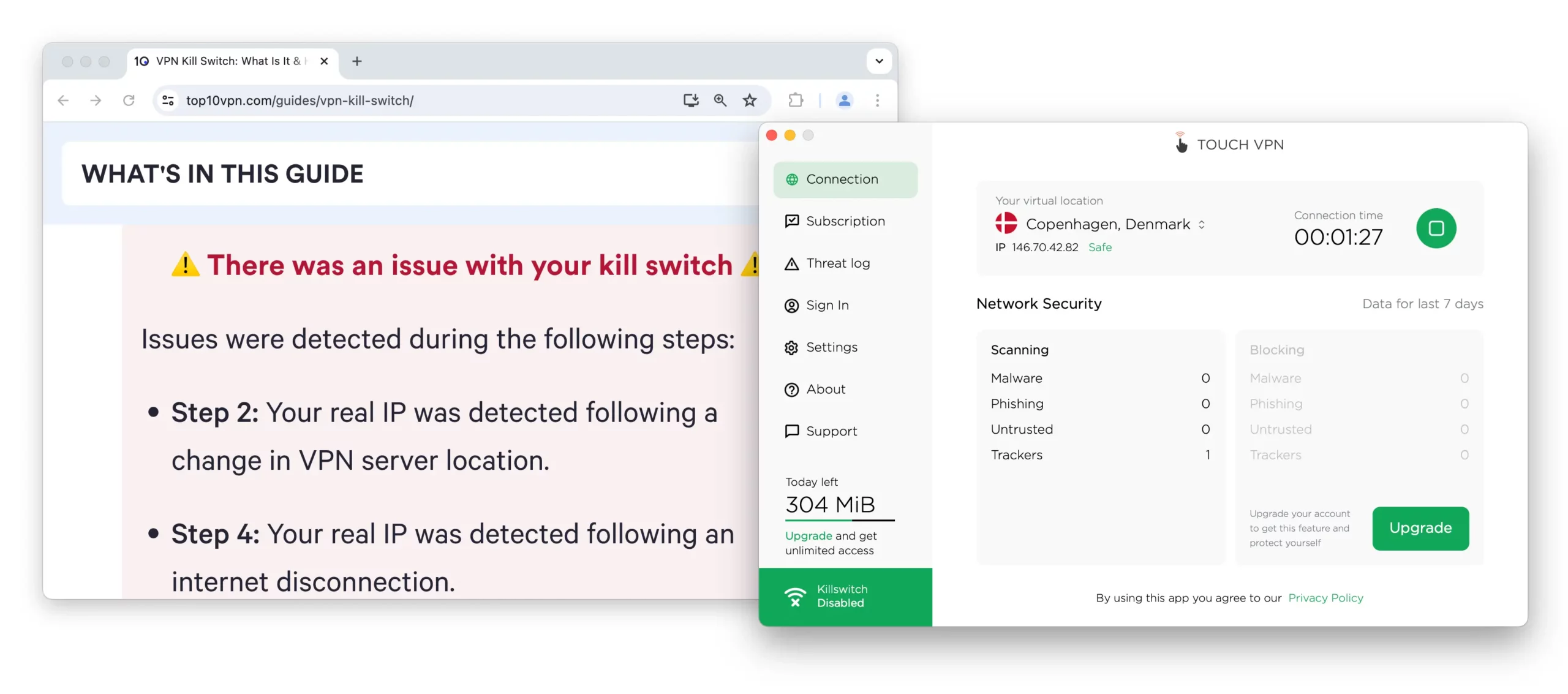Touch VPN kill switch testing tool results