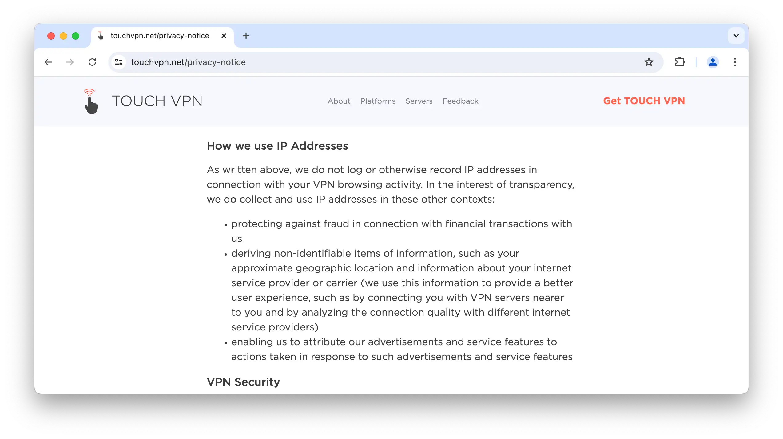 Extract from Touch VPN's privacy policy